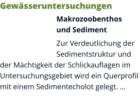 Gewässeruntersuchungen Makrozoobenthosund Sediment Zur Verdeutlichung der Sedimentstruktur und der Mächtigkeit der Schlickauflagen im Untersuchungsgebiet wird ein Querprofil mit einem Sedimentecholot gelegt. …