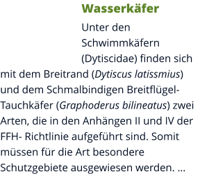 Wasserkäfer Unter den Schwimmkäfern (Dytiscidae) finden sich mit dem Breitrand (Dytiscus latissmius) und dem Schmalbindigen Breitflügel-Tauchkäfer (Graphoderus bilineatus) zwei Arten, die in den Anhängen II und IV der FFH- Richtlinie aufgeführt sind. Somit müssen für die Art besondere Schutzgebiete ausgewiesen werden. …